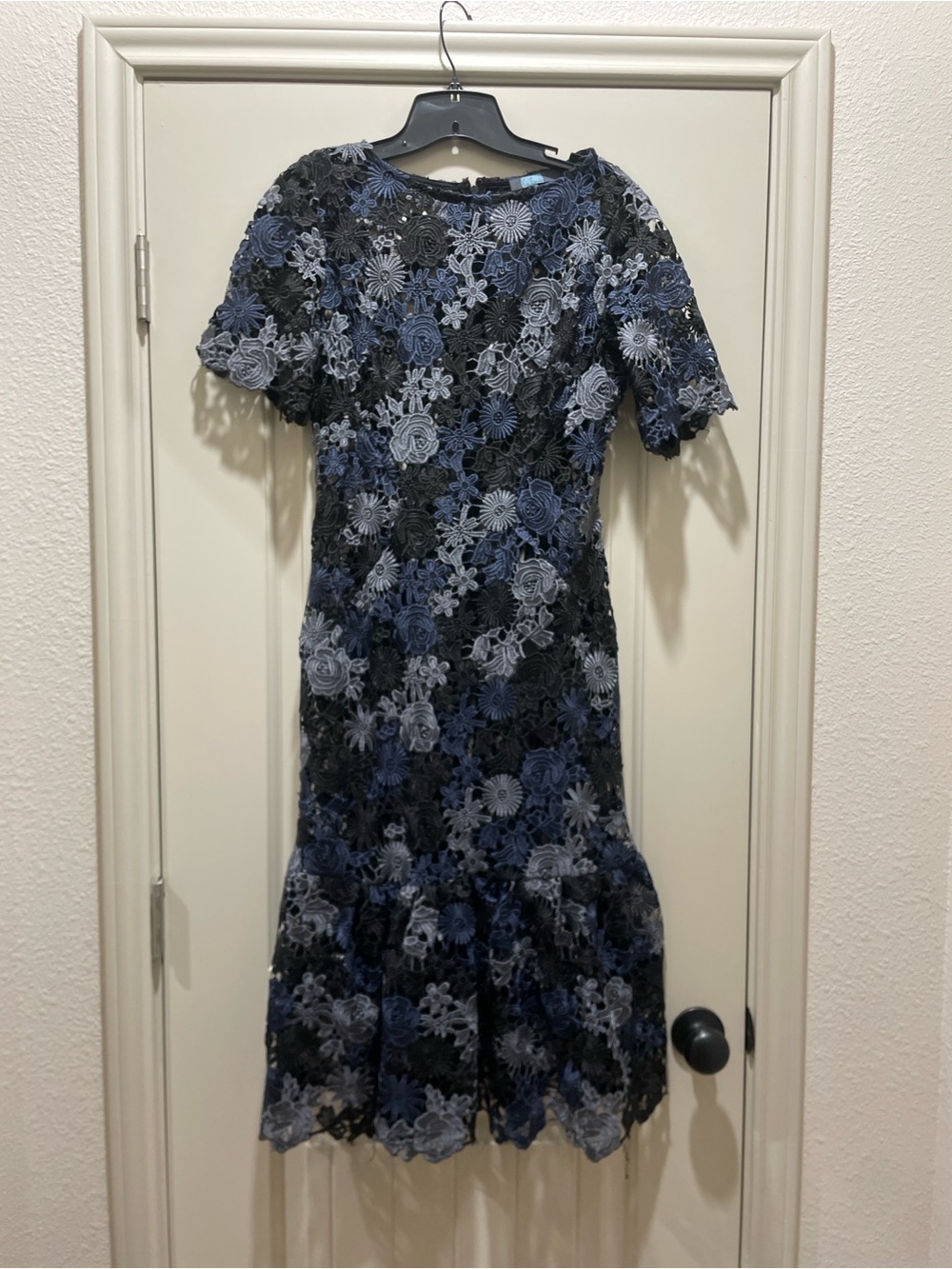 Eva Franco Floral Lace Navy & Black Short-Sleeve Midi Dress